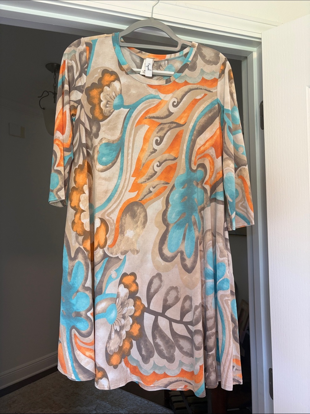 Relaxed Long-Sleeve Swing Dress in Turquoise & Orange
